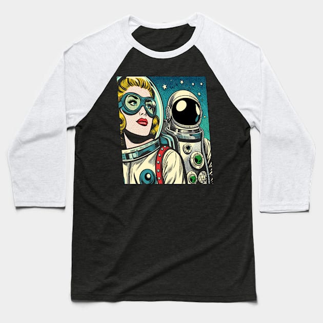 Pop Art Astronauts in Space Comic Book Style Baseball T-Shirt by RCDBerlin